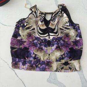 BEBE  Purple and Black Floral top bebe Chain Halter Crop Top – Size M  WOW